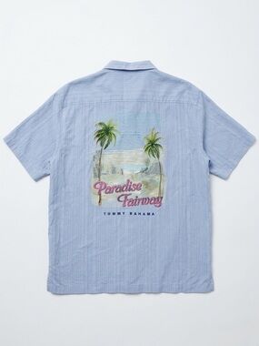 Tommy Bahama Paradise Fairway Silk Shirt Blue Embroidered Back Size Large